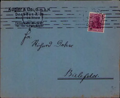 B24608 Brief Deutsches Reich Infla 1921 Kugler & Co GmbH Dresden nach Bielefeld