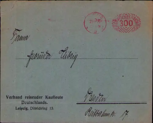 B24621 Brief Deutsches Reich Infla 1922 Leipzig Verband reisender Kaufleute Deut