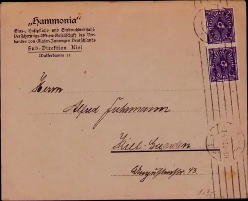 B24623 Brief Deutsches Reich Infla 1923 Kiel Hammonia Versicherung Sub Direktion