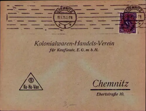 B24627 Brief Deutsches Reich Infla 1923 Kolonialwaren Handels Verein Chemnitz Ka