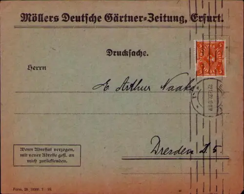 B24641 Brief Deutsches Reich Infla 1922 Möllers Deutsche Gärtner-Zeitung Erfurt