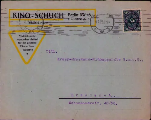 B24643 Brief Deutsches Reich Infla 1922 KINO-SCHUCH Berlin SW 48 Vertriebsstelle