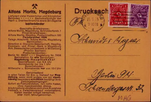 B24691 Postkarte Deutsches Reich Infla 1923 Alfons Moritz Magdeburg Lieferant vi