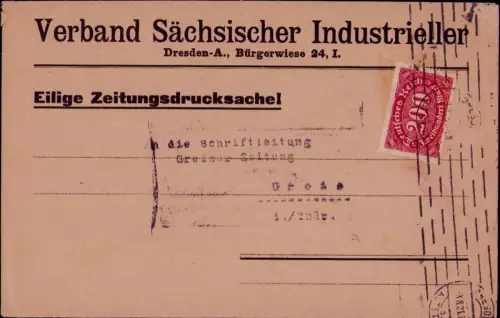 B24735 Brief Deutsches Reich Infla 1923 Verband Sächsischer Industrieller Dresde