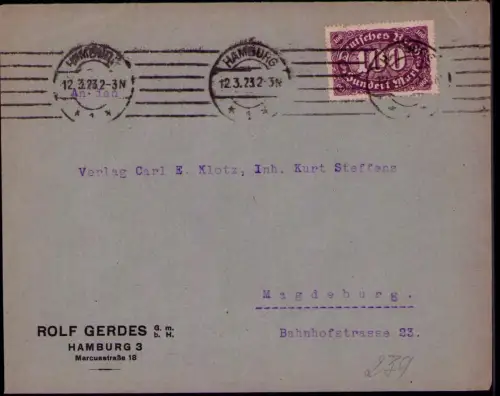 B24752 Brief Deutsches Reich Infla 1923 HAMBURG ROLF GERDES an Verlag Carl E. Kl