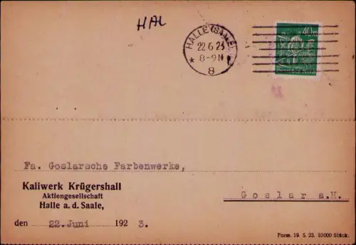 B24764 Postkarte Deutsches Reich Infla 1923 Kaliwerk Krügershall Bergbau Aktieng
