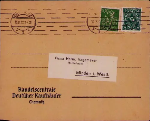 B24766 Brief Deutsches Reich Infla 1922 Handelscentrale Deutscher Kaufhäuser Che