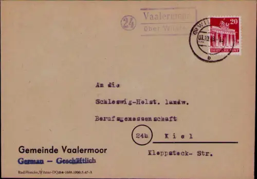 B24796 Brief BAZ Vaalermoor über Wilster 1948 Landpoststempel an die Schleswig-H