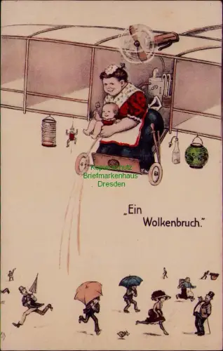 194975 AK Ein Wolkenbruch Künstlerkarte Flugzeug … txt D - Luftschiff von Gera n