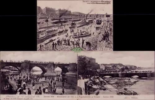 195128 2 AK Dresden 1904 Niedrigwasser - Hochwasser Wasserstand der Elbe a. d. A