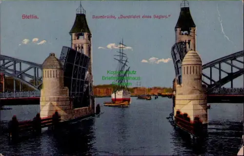 169174 AK Stettin Baumbrücke Durchfahrt eines Seglers 1919