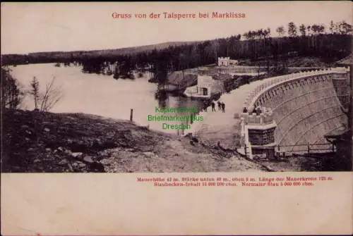 185400 AK Gruss von der Talsperre bei Marklissa Lesna 1905 Mauerhöhe 43 m. Stärk