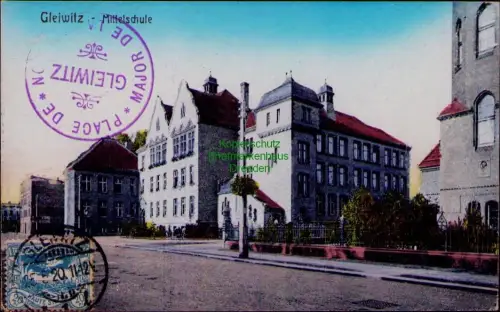 185405 AK Gleiwitz Mittelschule 1920 bildseitig Stempel PLACE DE … GLEIWITZ MAJO