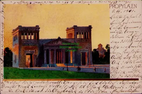 195299 AK Künstlerpostkarte Künstlerkarte Platz! Propyläum am Königsplatz Münche