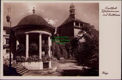 195314 AK Karlsbad Schloßbrunnen und Stadtturm Feldpost 1942