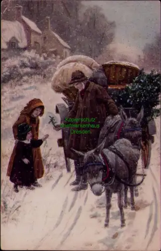 195444 AK Künstlerkarte Weihnachten 1910 Mann Kinder Schnee Kutsche mit Eseln M.