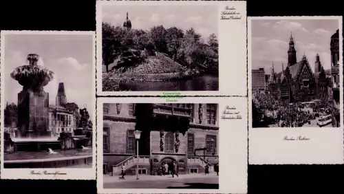 195458 4 AK Breslau 1938 Bismarckbrunnen Liebichshöhe m. Kolonial Denkmal Rathau