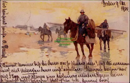 195496 AK Berlin 1900 Künstlerkarte Litho Nieuwpoort Pferde Fischer  Strand