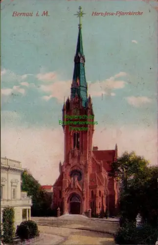 195549 AK Bernau i. M. Mark 1909 Herz-Jesu-Pfarrkirche rückseitig Wasserfleckig