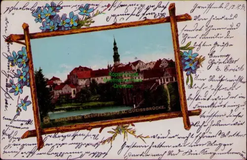 195561 AK Passepartout SCHLESIEN GREIFFENBERG M. QUEISSBRÜCKE Gryfow Slaski 1903