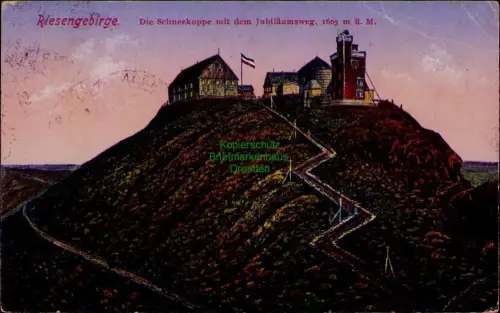 195591 AK Riesengebirge 1921 Die Schneekoppe mit dem Jubiläumsweg, 1605 m ü. M.