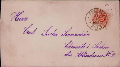B25187 Brief Malmö Post 1885 nach Chemnitz in Sachsen Saxony Deutschland