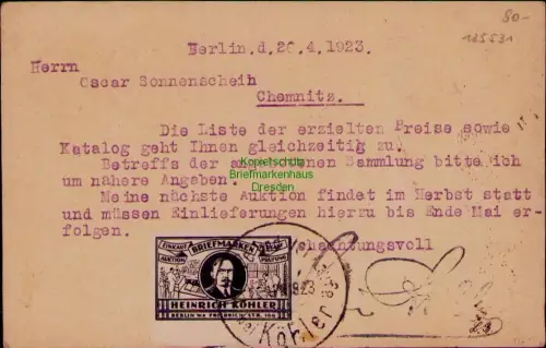 185531 AK Berlin 1923 Ganzsache Firma Heinrich Köhler mit Vignette Briefmarken A