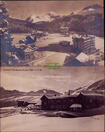 185506 2 AK Pension Hof-Maran-Arosa (1880 m ü. M) 1918 Fotokarte Arosa im Winter
