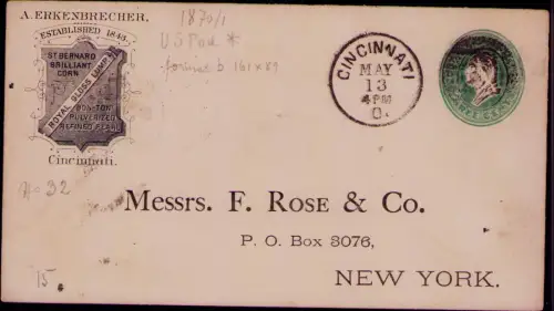 B25115 Ganzsache USA 1882 Cincinnati nach New York Zudruck Firmenreklame A. Erke
