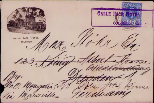 B25106 Brief Ceylon Sri Lanka Colombo Galle Face Hotel Hotelpoststempel nach Dre