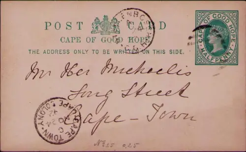 B25201 Ganzsache Südafrika Cape of Good Hope 1892 Stellenbosch nach Kapstadt 