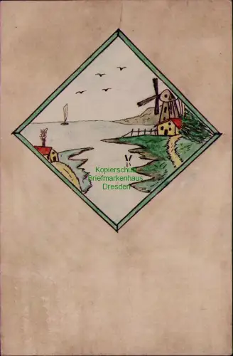 185515 AK Künstlerkarte handgemalt Windmühle am See auf Germania Ganzsache um 19