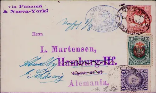 B25185 ganzsache Callao Peru 1891 über New York - London nach Hamburg