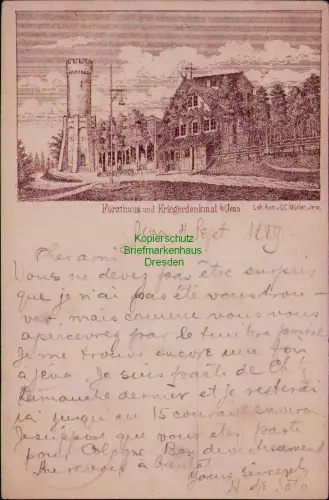 185465 AK Vorläufer 1889 Forsthaus und Kriegerdenkmal b. Jena Lith. Anst. v. G.