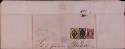 B25104 Faltbrief Russland 18, 19, 22 Dreifarbenfrankatur Sankt Petersburg 1870 n