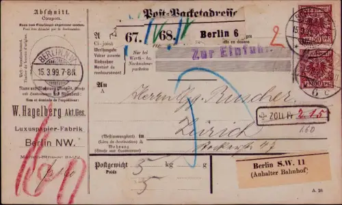 B25150 Packetadresse Deutsches Reich  Berlin 1899  in die Schweiz 3x 50d, 47 W.