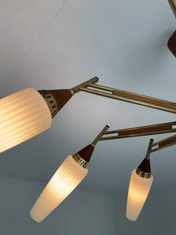 Sputnik Deckenlampe 50er / 60er Jahre Teakholz und Messing 0