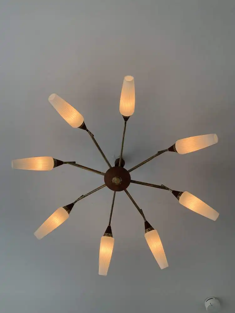 Sputnik Deckenlampe 50er / 60er Jahre Teakholz und Messing 1