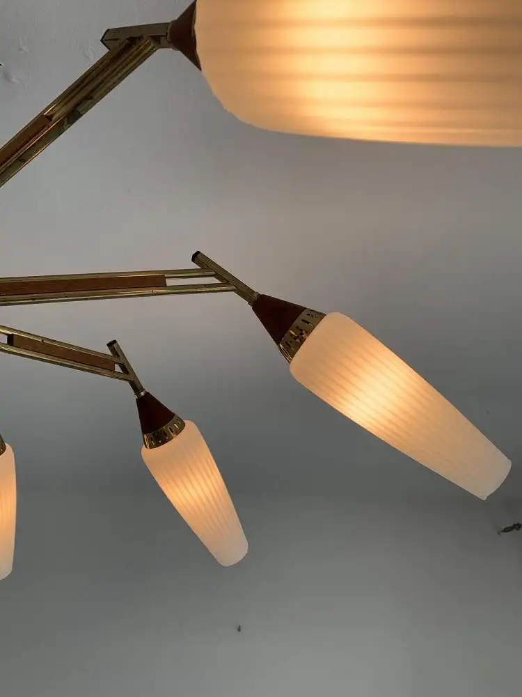 Sputnik Deckenlampe 50er / 60er Jahre Teakholz und Messing 2