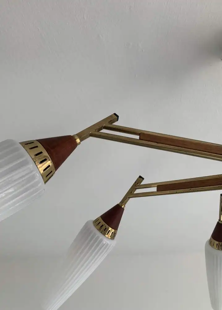 Sputnik Deckenlampe 50er / 60er Jahre Teakholz und Messing 3