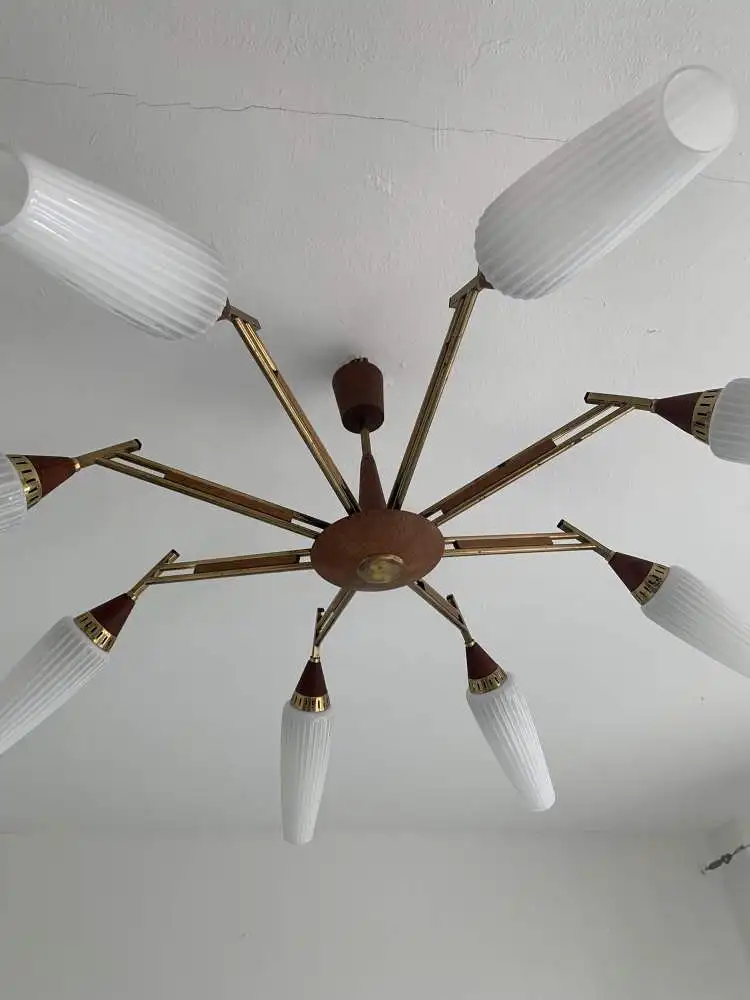 Sputnik Deckenlampe 50er / 60er Jahre Teakholz und Messing 4