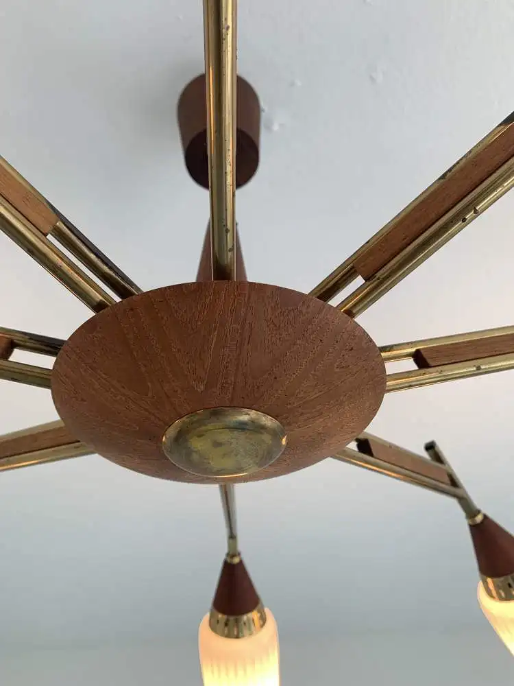Sputnik Deckenlampe 50er / 60er Jahre Teakholz und Messing 5