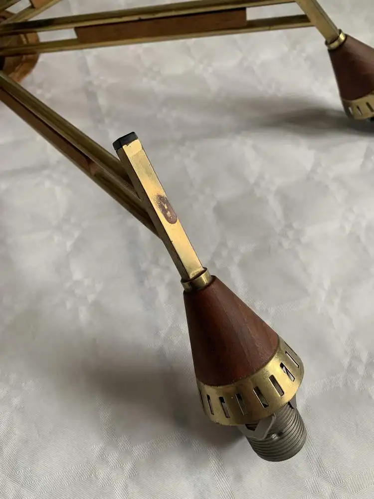 Sputnik Deckenlampe 50er / 60er Jahre Teakholz und Messing 7