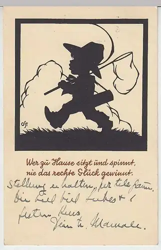 (35942) AK Silhouette Junge auf Wanderschaft mit Spruch, 1937