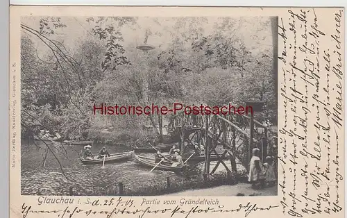 (108375) AK Glauchau, Sachsen, Gründelteich, Insel, Hedrich Säule, Brücke 1903
