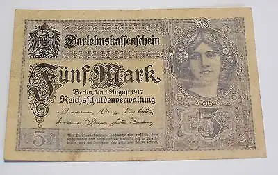 Germany WW1 WK1 5 Mark Darlehenskassenschein 1917 Ro. 54c gebr. used