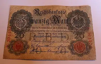 Germany Empire Kaiserreich 20 Reichsmark 1910 Ro 40a gebr used 6stellig