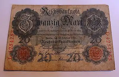 Germany Empire Kaiserreich 20 Reichsmark 1914 Ro 47b gebr used 7 stellig