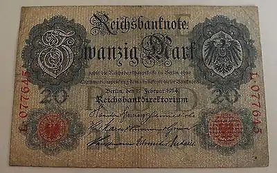 Germany Empire Deutsches Reich 20 Mark Reichsbanknote 1914 Ro 47a gebr.
