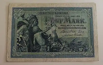 Germany Empire Deutsches Reich 5 Mark Reichskassenschein 1904 Ro22 gebr.